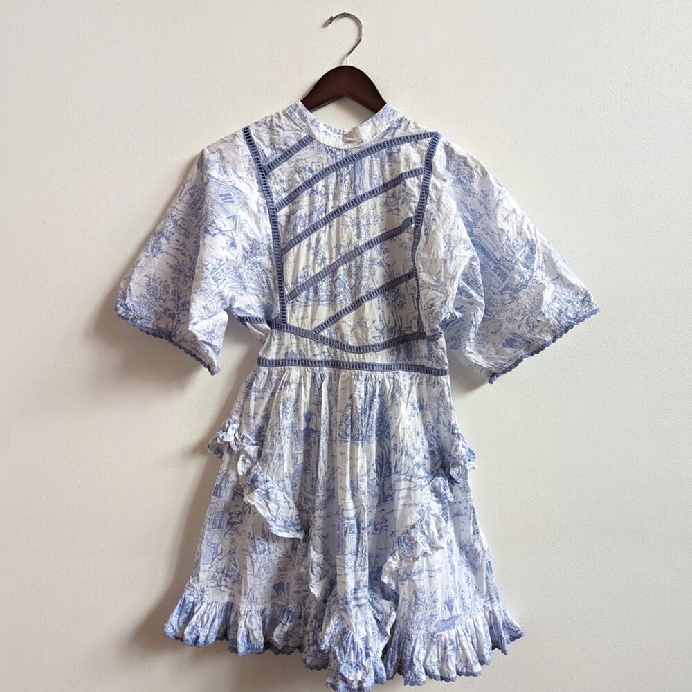 Asos Design Dress 2 Toile De Jouy Blue Ruffle Mini Womens